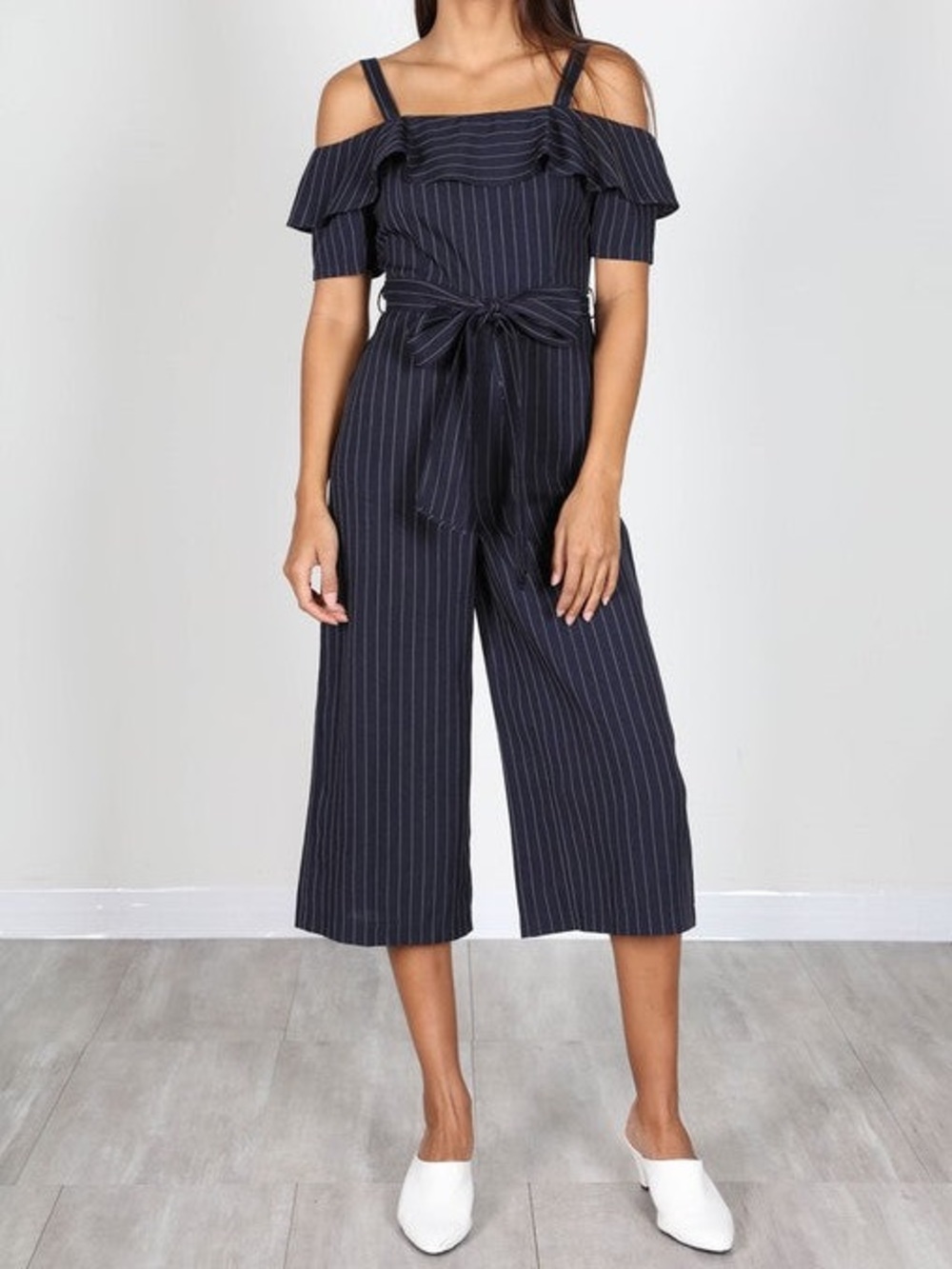 NWT Essue Elegant Off Shoulder Strap Marine Tie Waist Blue Jumpsuit - Size S